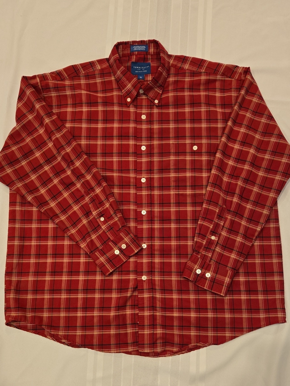 Towncraft Red Plaid Button-Down Shirt with Cream Stripes